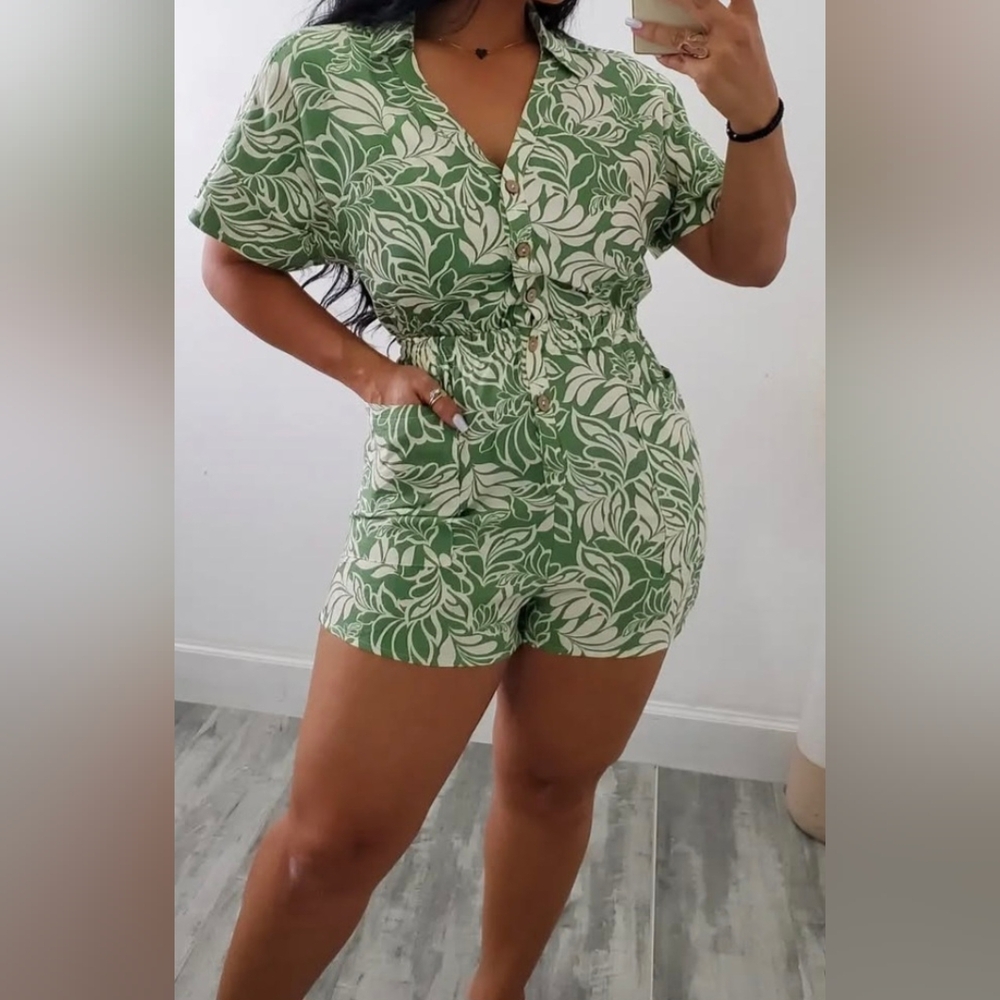 High Waist Green and White Tropical Print Romper